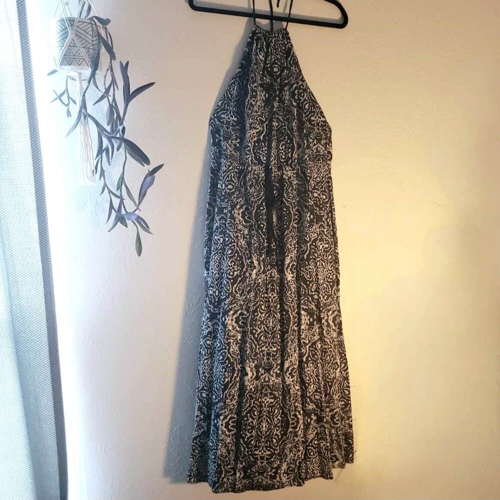 DKNY Jeans Women's Halter Maxi Waist Tie Medium Geometric Kaleidoscope Navy